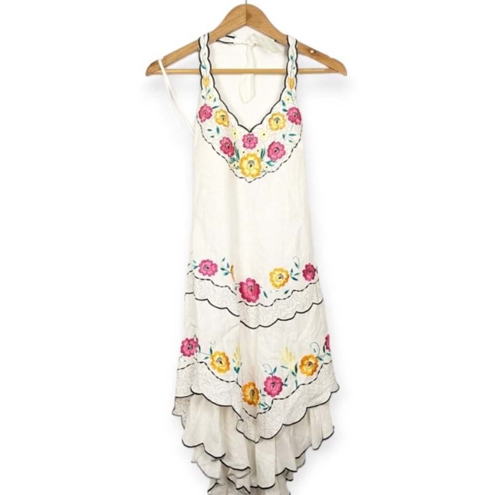 Sue Wong White Linen Floral Embroidery Scalloped Halter Midi Dress